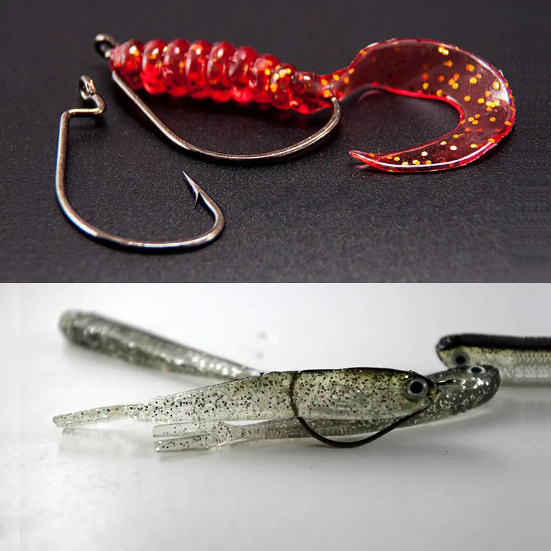 500 pcs Wide Gap Worm Fishing Hooks Jig Crank Big Bass Hook Black High Carbon Steel Crank Barbed Hook for Soft Fishing Lure